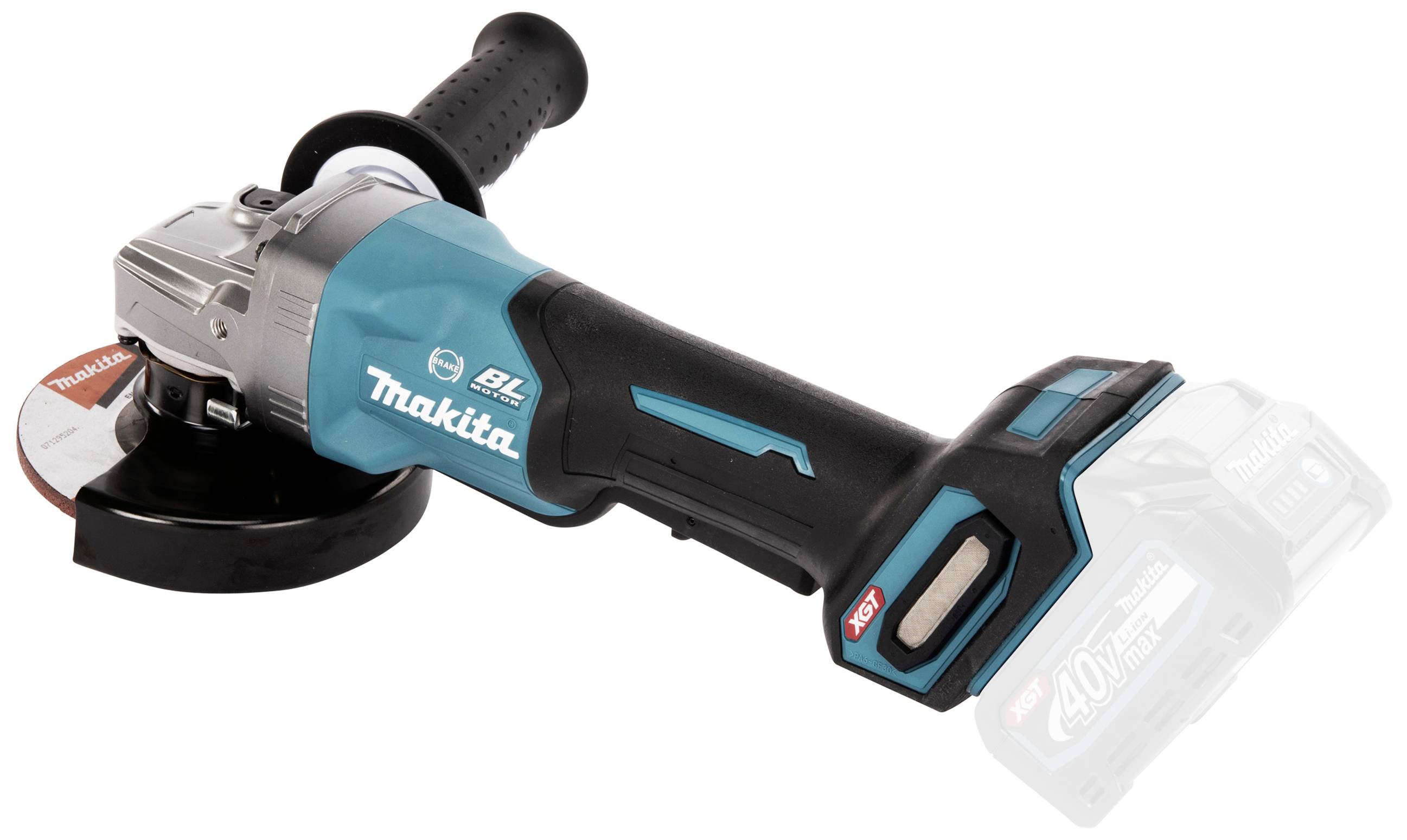 Battery-powered angle grinder with a blue-black casing and brand name on the side, handle section with battery at the rear.