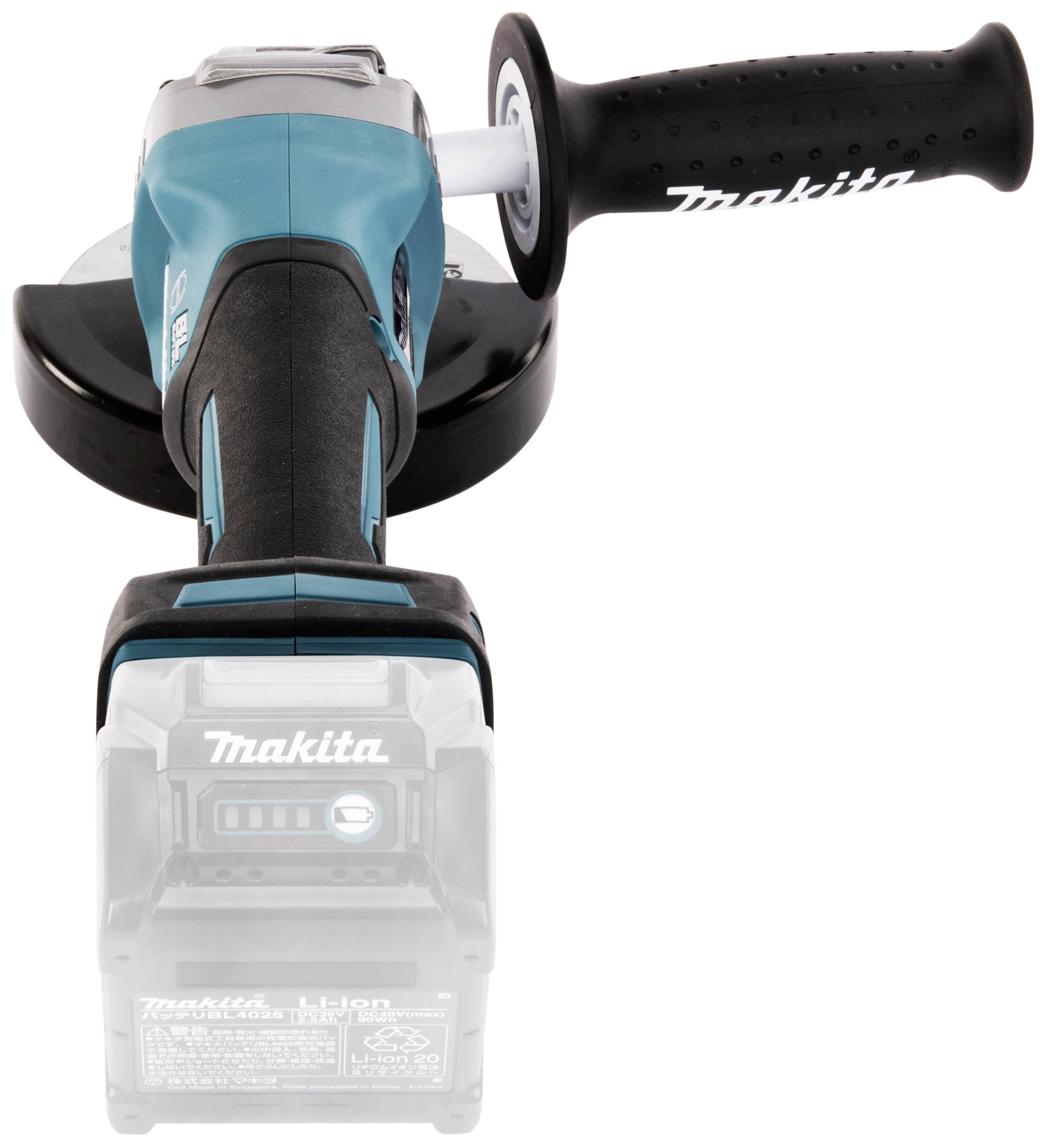 Cordless angle grinder in blue, viewed from above. Device has a black handle on the right and is equipped with a Makita battery.