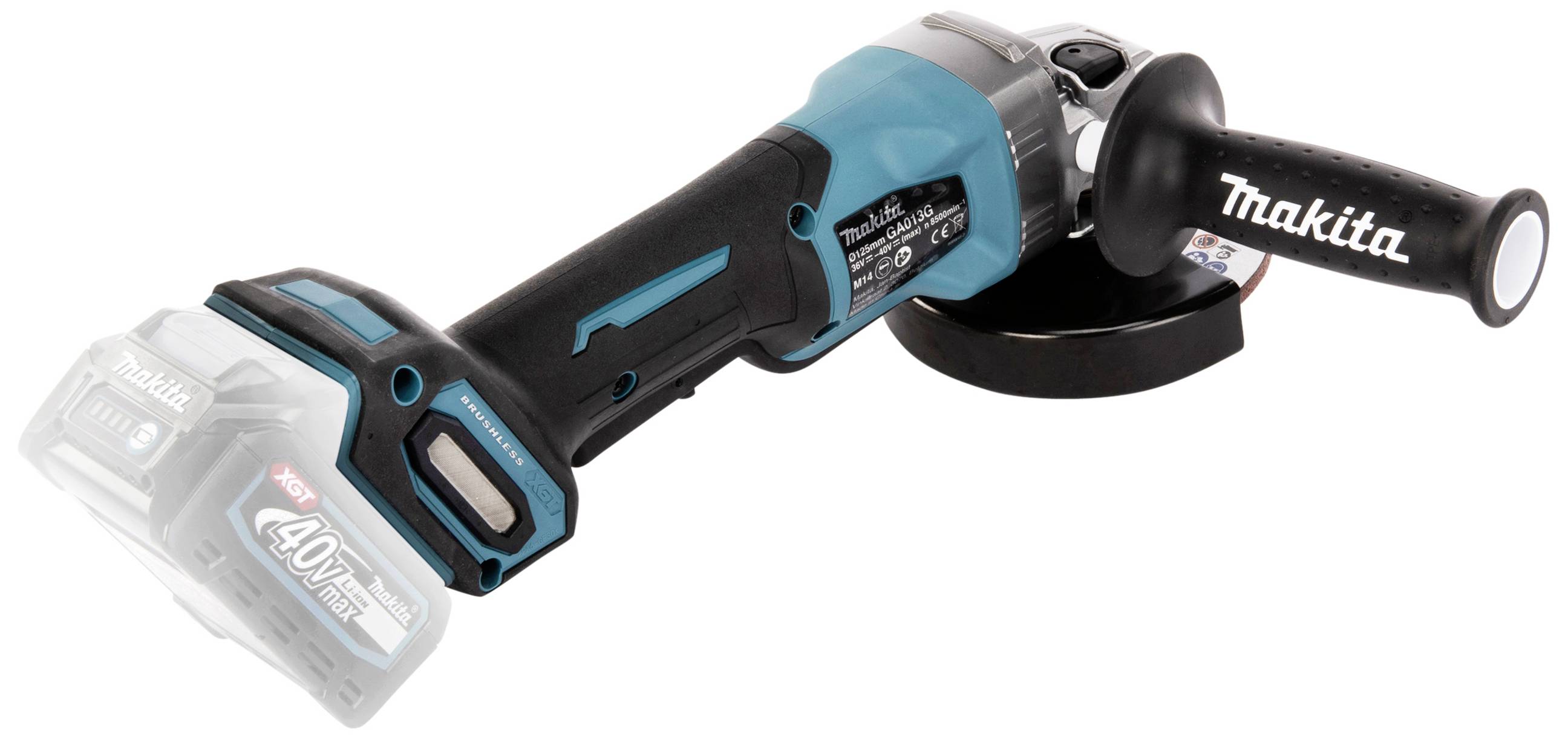 Battery-powered angle grinder with adjustable handle and 'Makita' inscription on the handle.