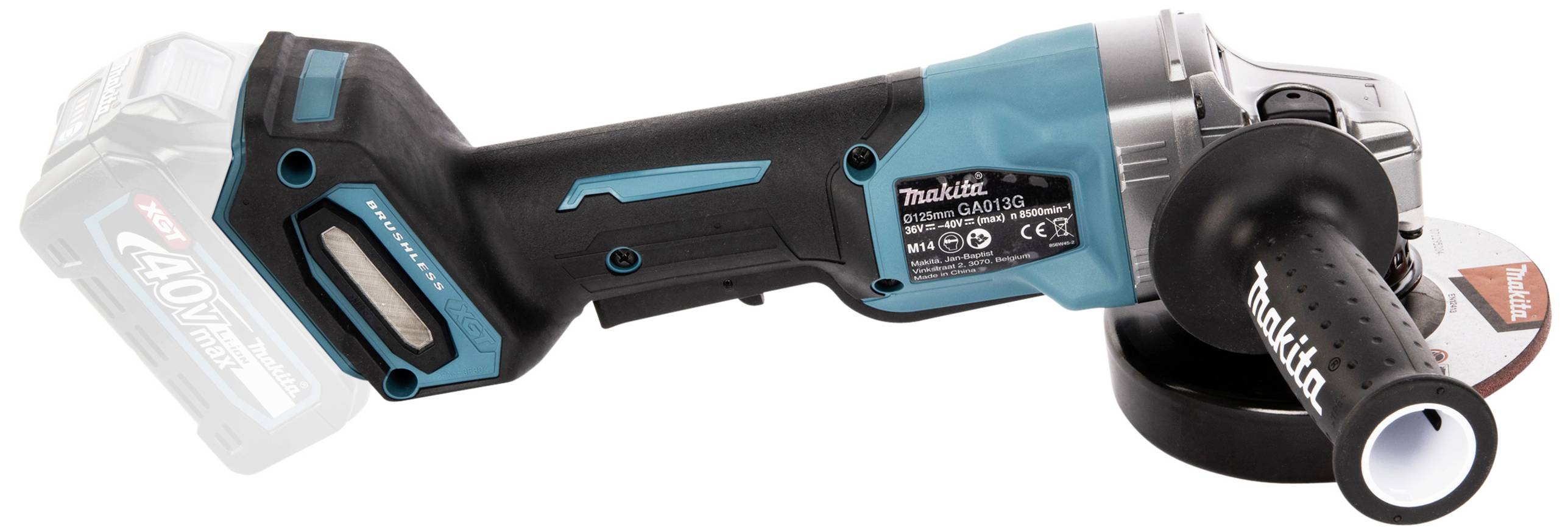 A navy blue-black angle grinder with a handle and removable battery. The brand is visible on the side of the housing.