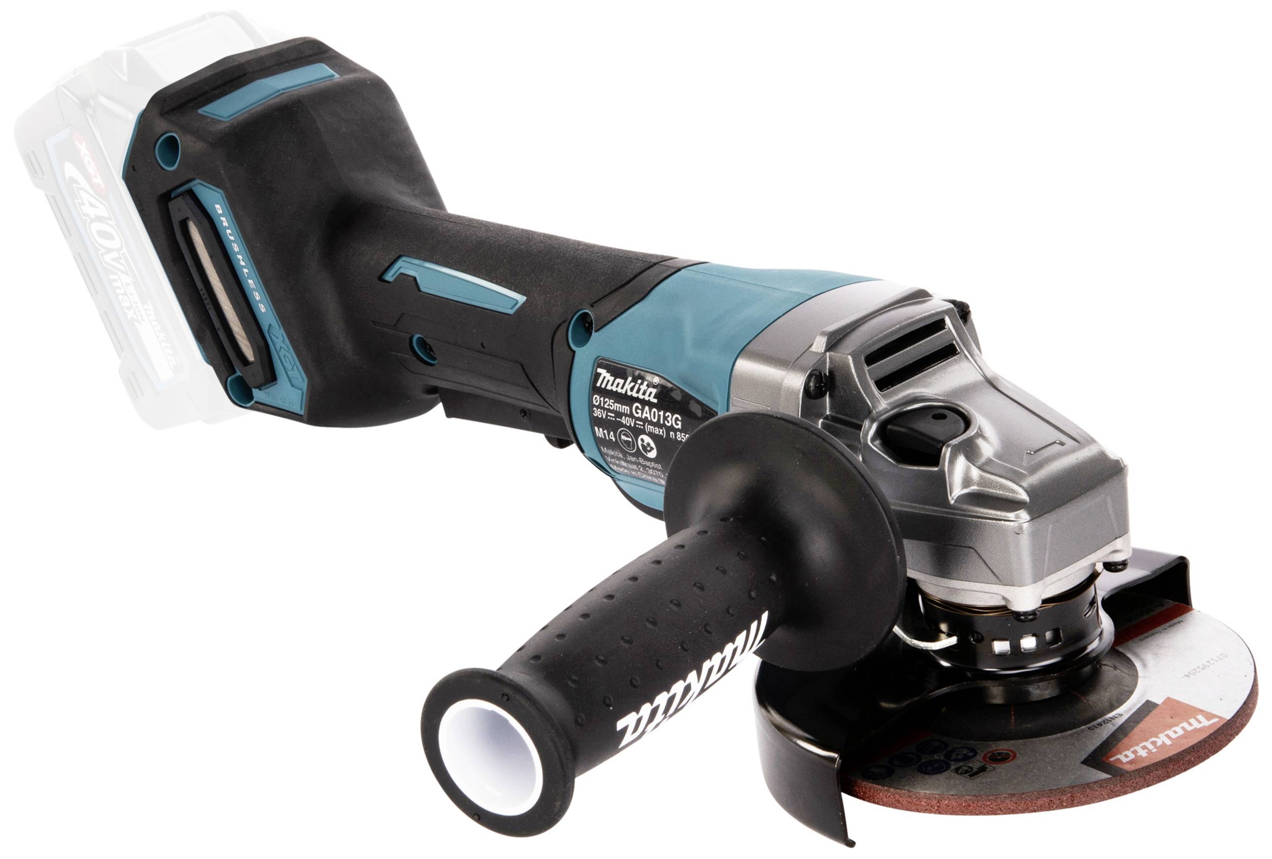 A cordless angle grinder with an ergonomic handle and grey-blue casing, suitable for grinding and cutting materials.