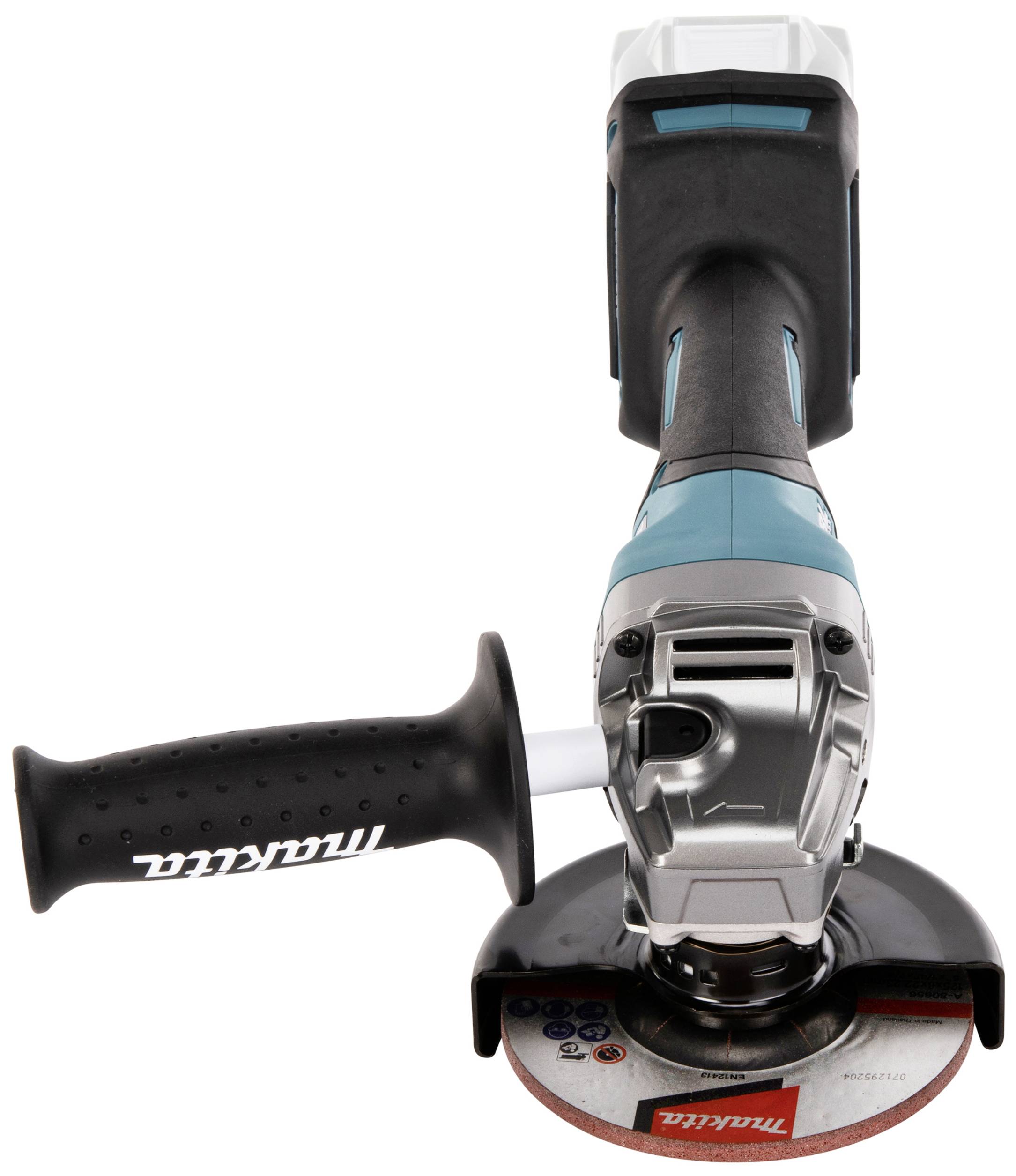 A cordless angle grinder with a blue-black housing and side handle, designed for versatile grinding and cutting tasks.