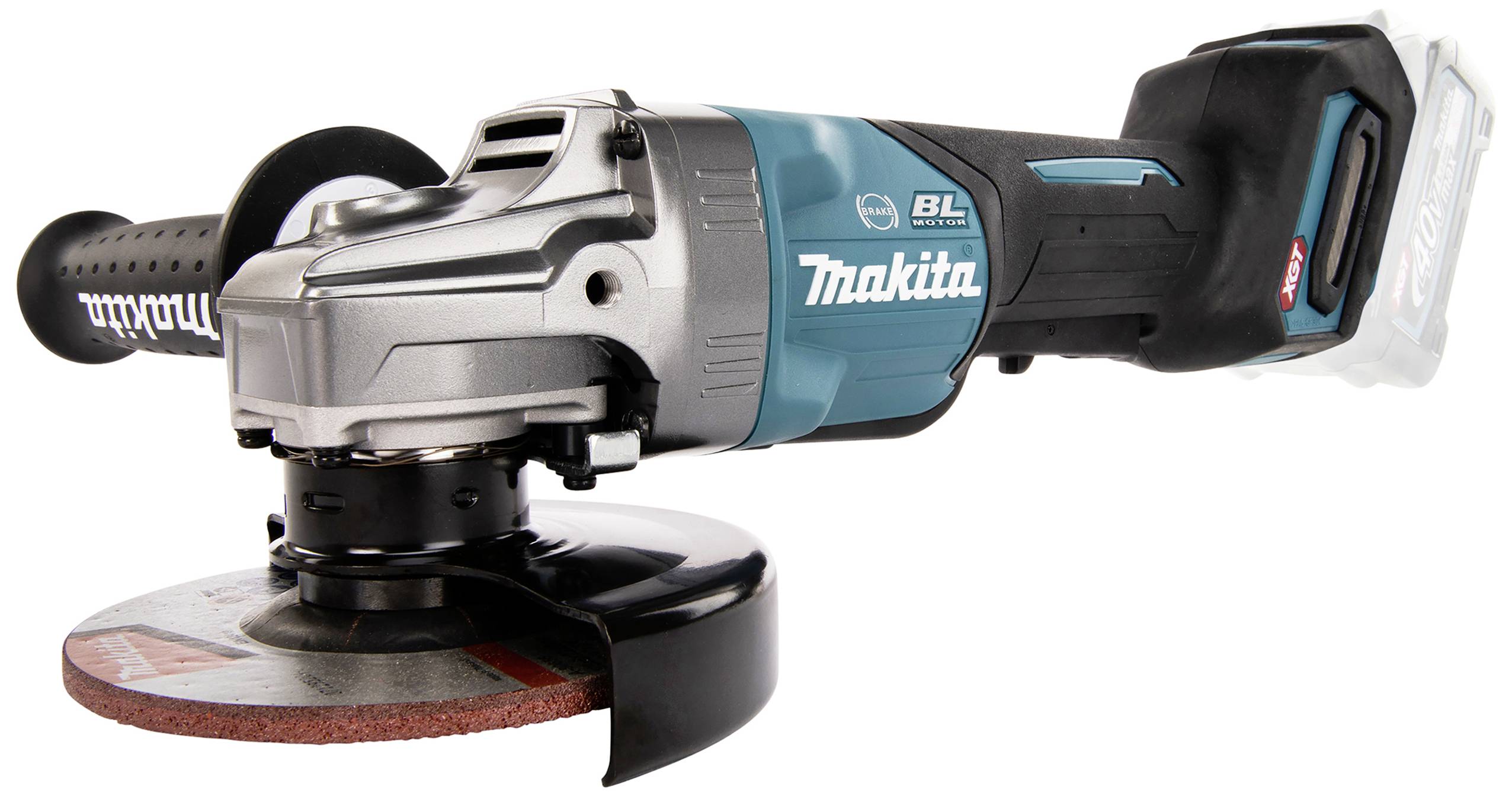 Battery-powered angle grinder in longitudinal orientation, with grey head and blue handle. Suitable for grinding work and metal processing.