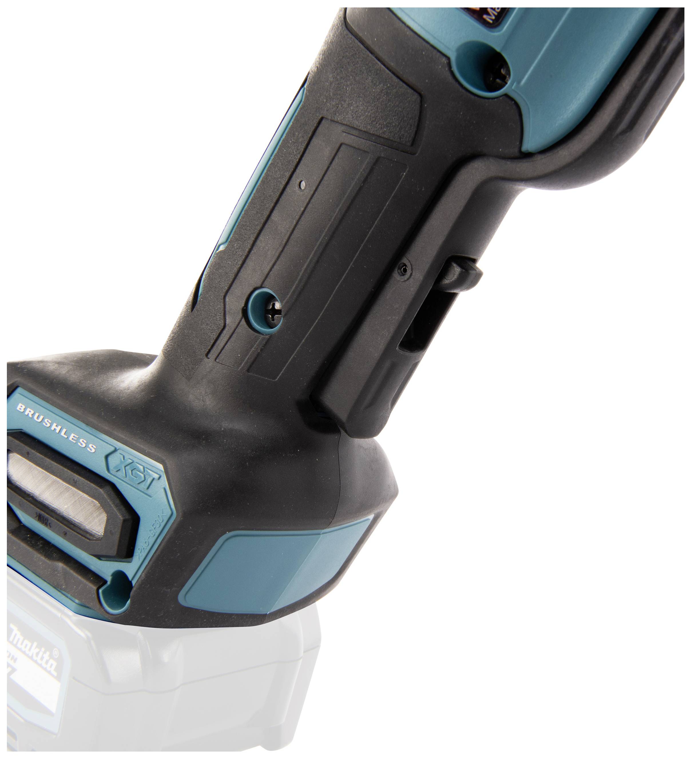 A part of a cordless electric tool with a blue handle and black casing. No visible markings or logos.