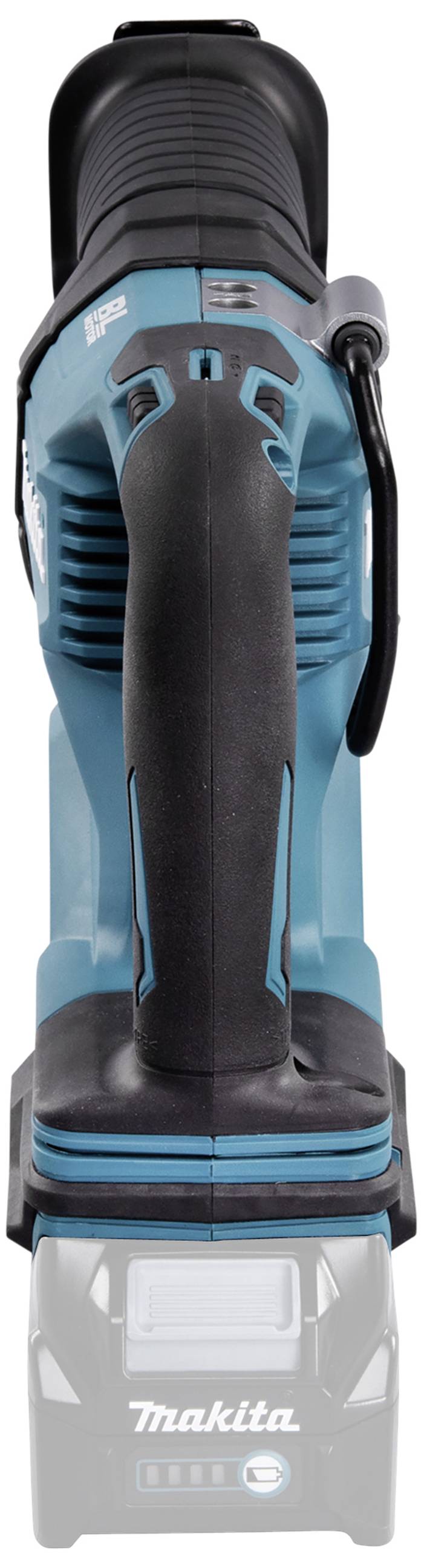 Cordless circular saw in blue and black, viewed from behind, with an ergonomic handle and Makita logo at the base of the saw.