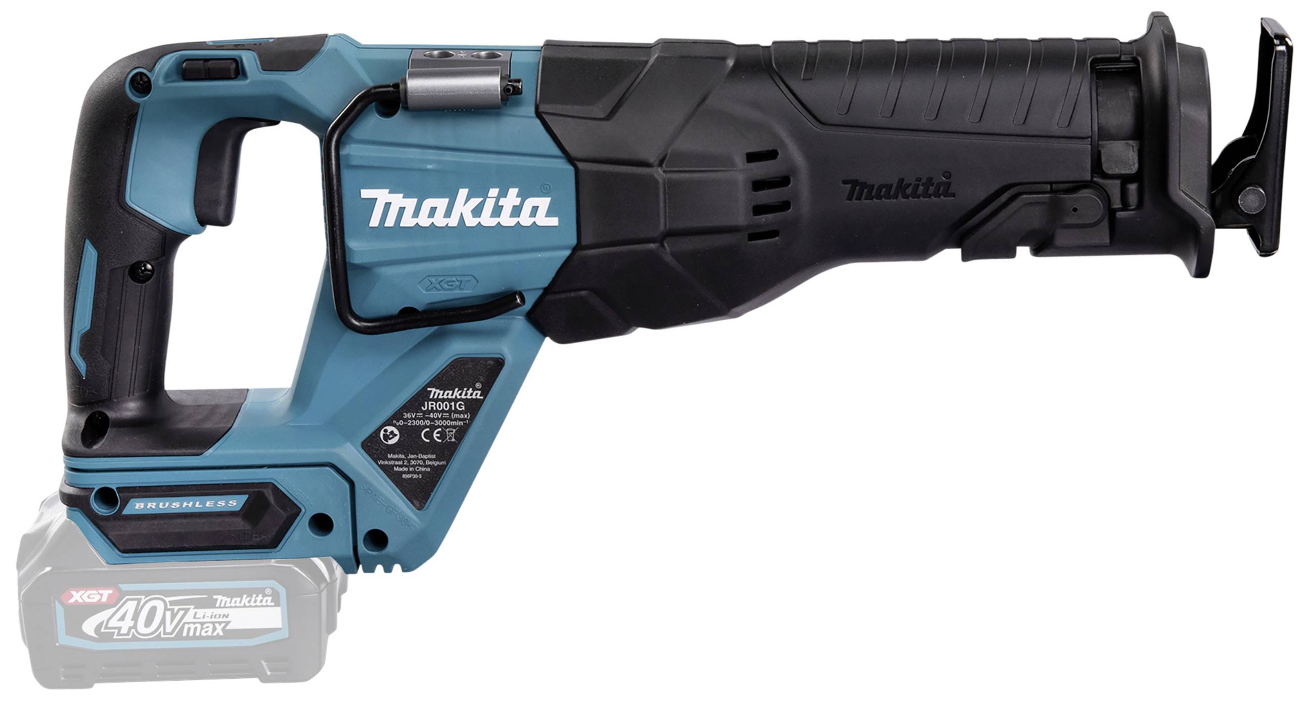 Cordless reciprocating saw in blue and black. The battery is located on the left side. The brand is visible on the housing.