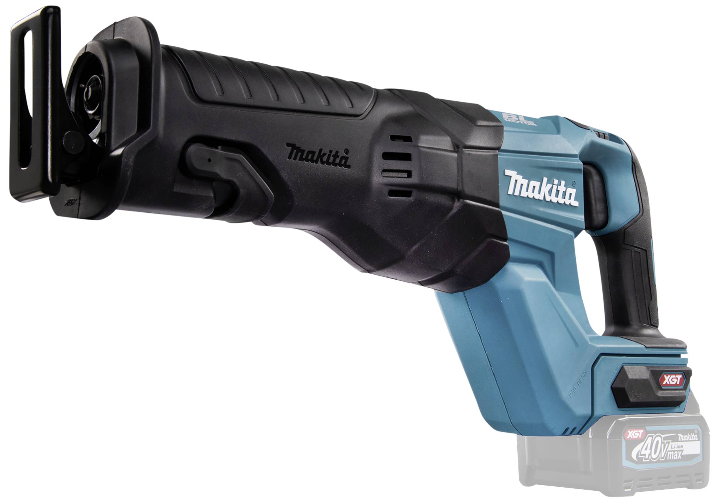 Cordless reciprocating saw with a black and turquoise housing and handle, brand logo visible on the side.