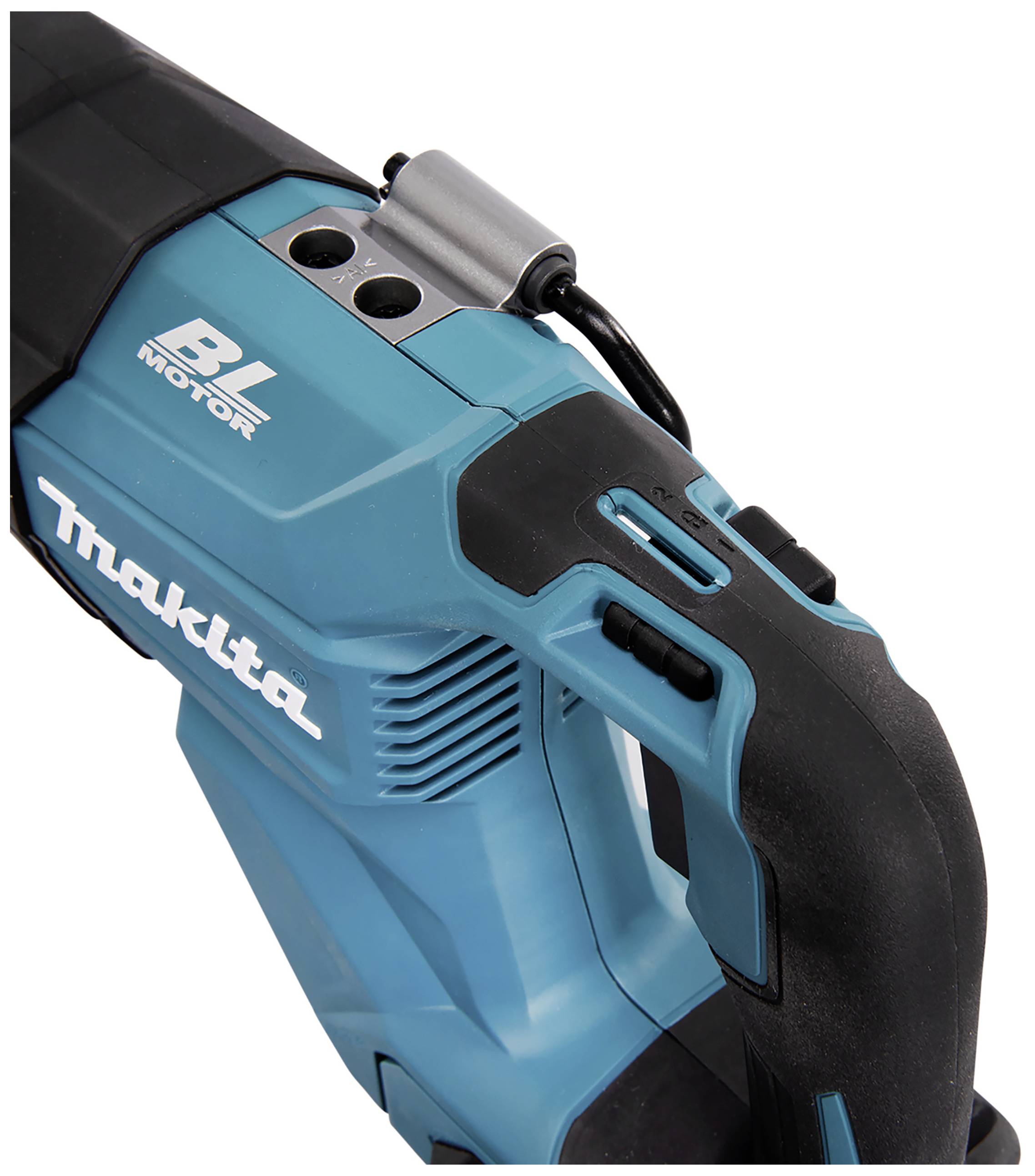 A blue Makita electric tool with a black handle and BL motor. It is a powerful handheld vacuum cleaner.