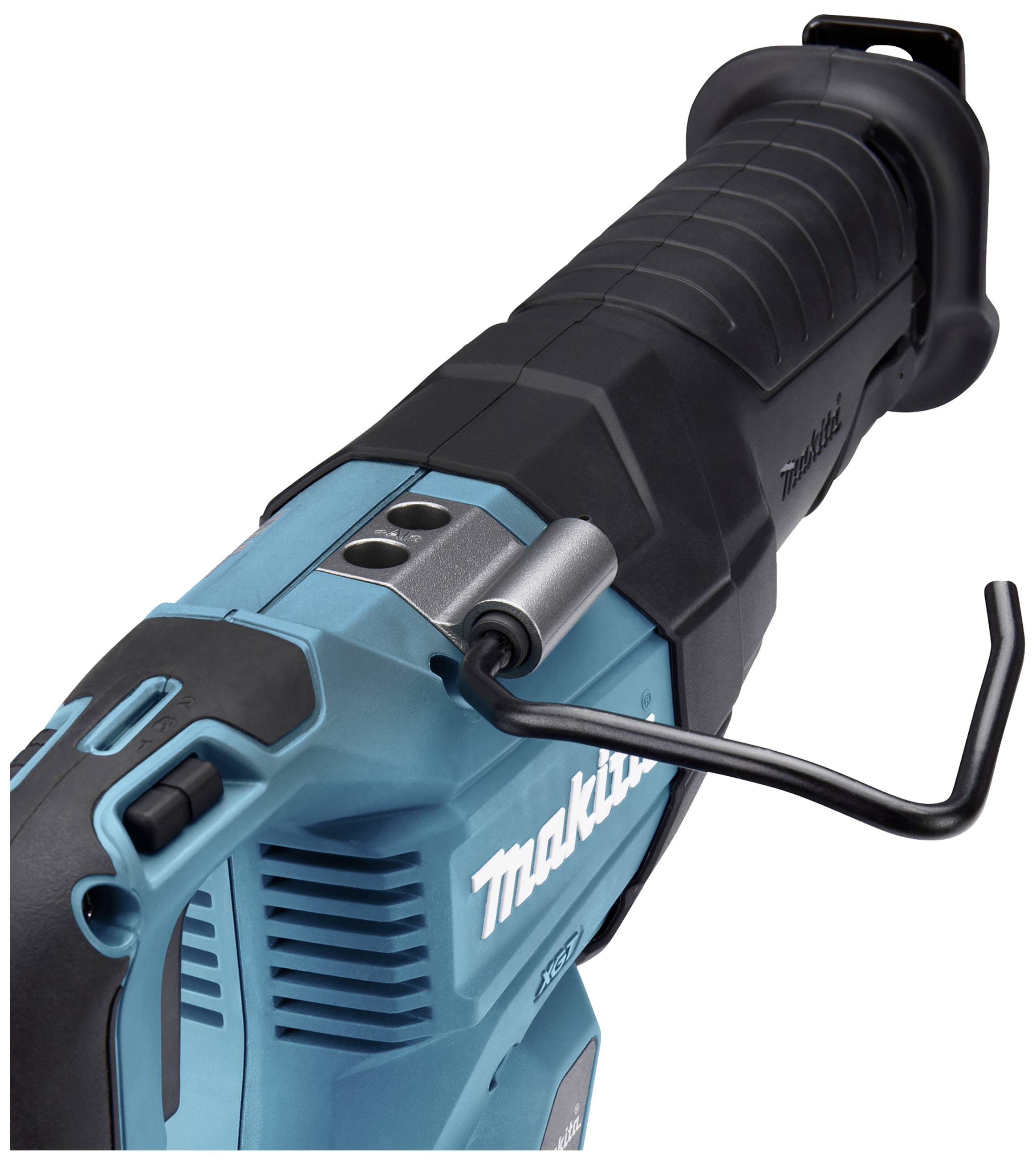 A blue electric saw with a black handle and an opening for saw blades. Marking on the side, suitable for construction work.