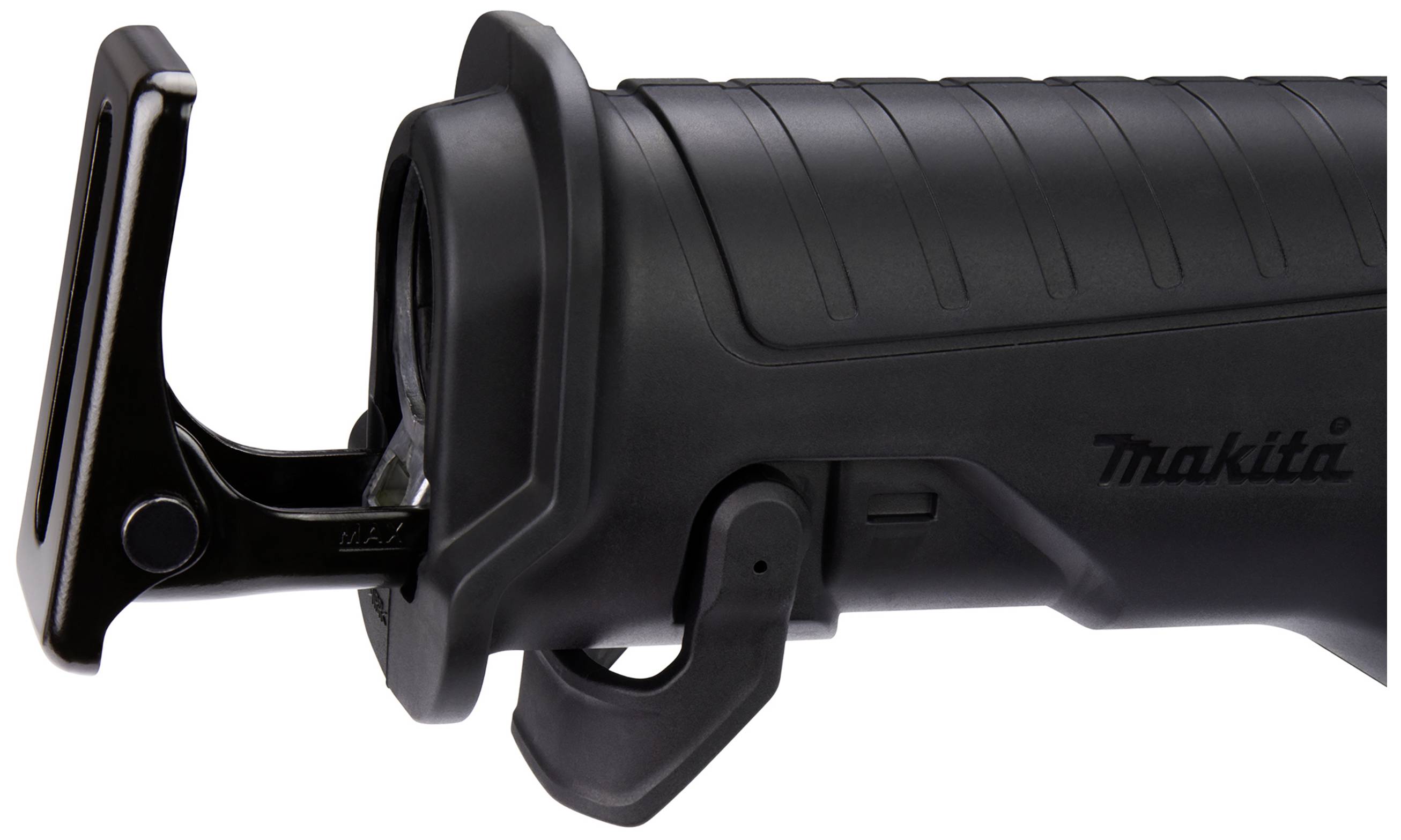 Black handle of an electric tool with 'Makita' logo. Suitable for home and professional applications, ergonomically shaped.