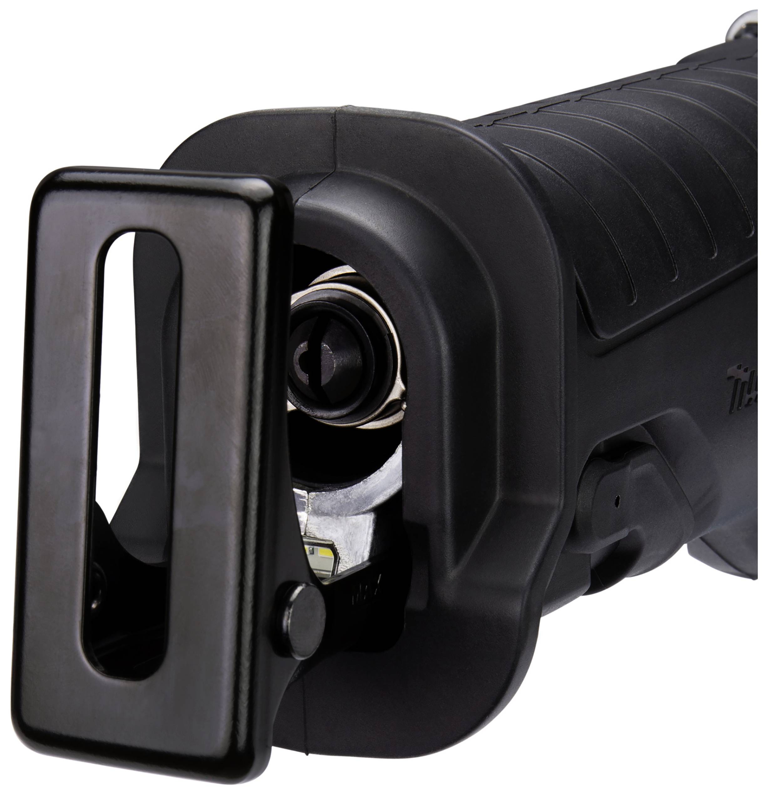 Close-up of an electric power tool with a black casing and visible blade, likely a reciprocating saw.