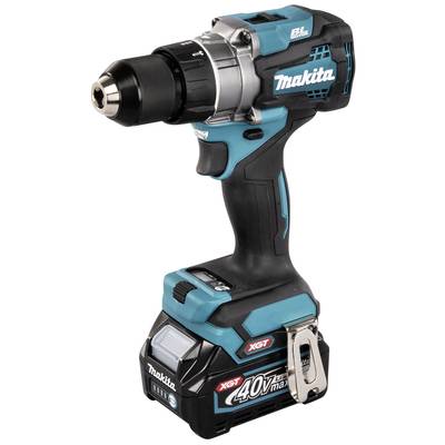 Cordless drill in blue and black with a silver drill head, large battery and metal clip on the side, brand visible on the device.