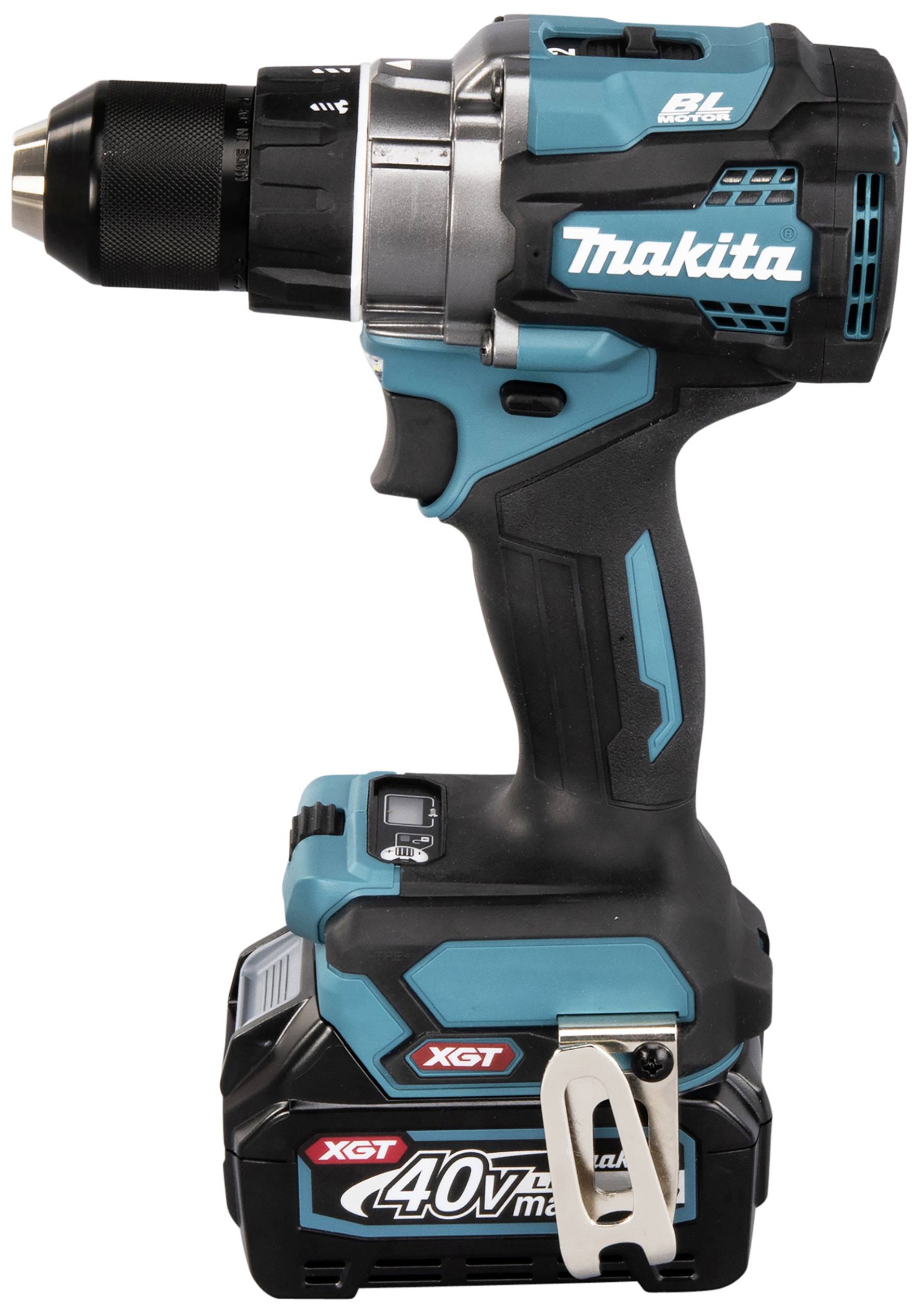 Blue-black cordless drill with metal drill head and 40V battery by Makita.
