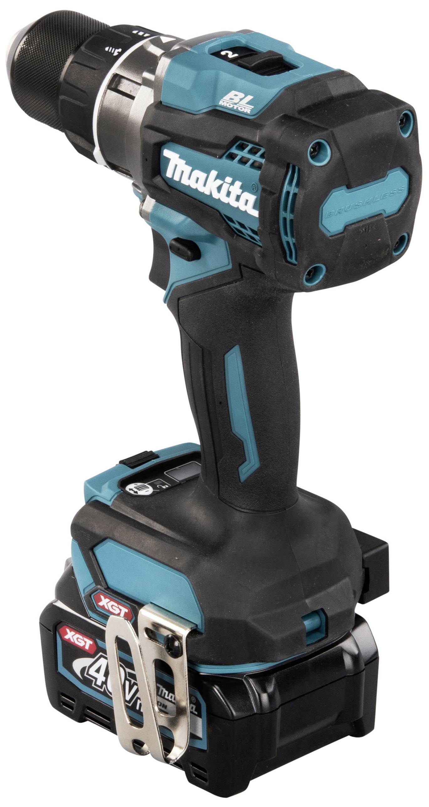Cordless drill with a blue-black housing. Battery marked '40V Max XGT'. Suitable for construction and DIY work.