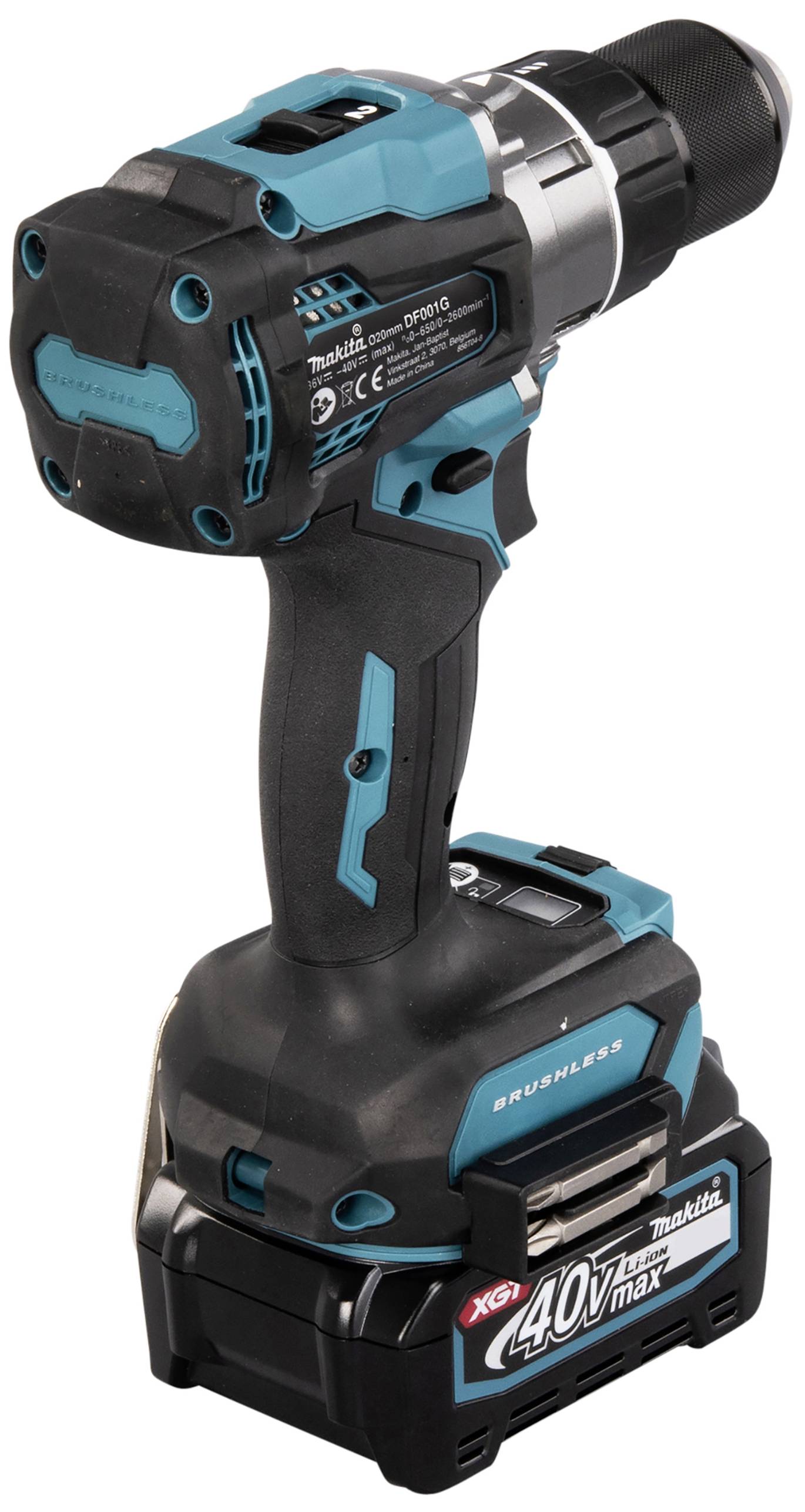 Cordless drill with a black handle and blue casing. Charged with a 40 V battery. Standing upright on the battery.