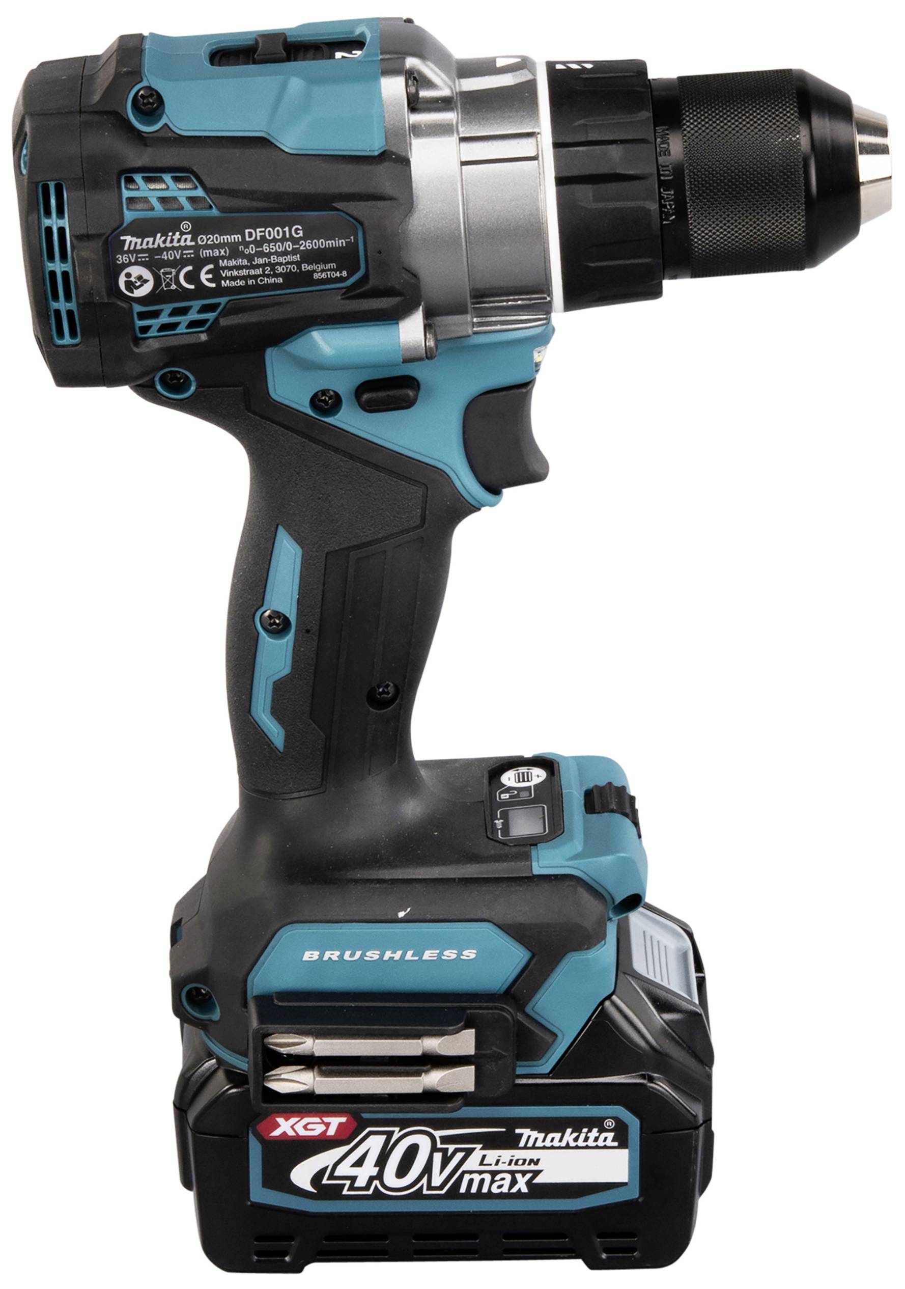 A cordless power drill with a blue and black casing, brand marked on the battery, suitable for drilling and screwing.