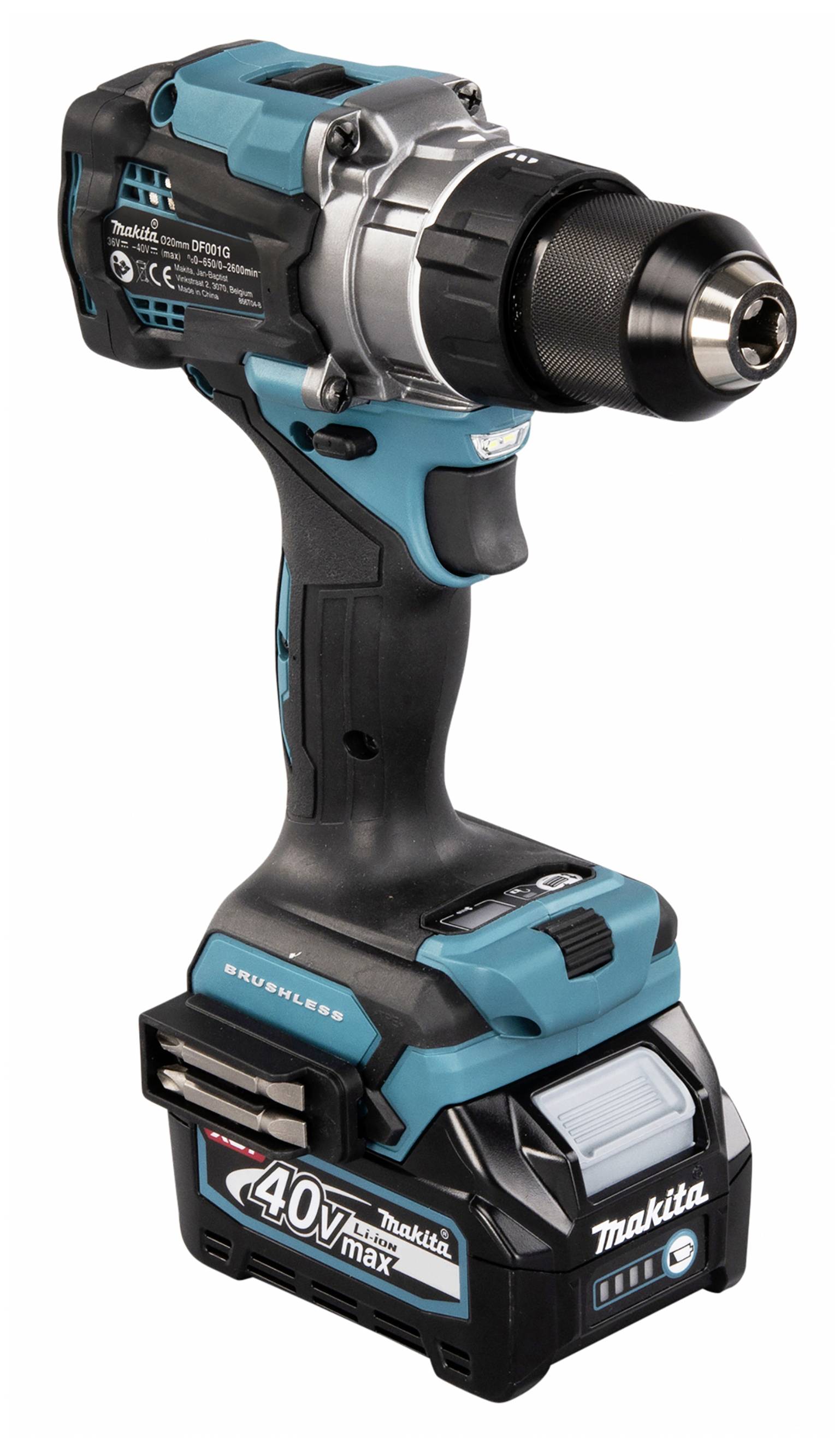 A cordless battery drill with a blue-black casing. It has a robust design with a 40V battery at the base.