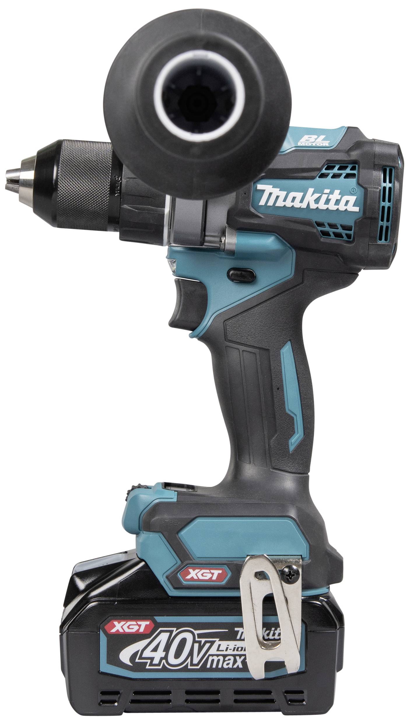 Cordless drill, black and turquoise, displaying the Makita logo on the side. 40V lithium-ion battery attached.