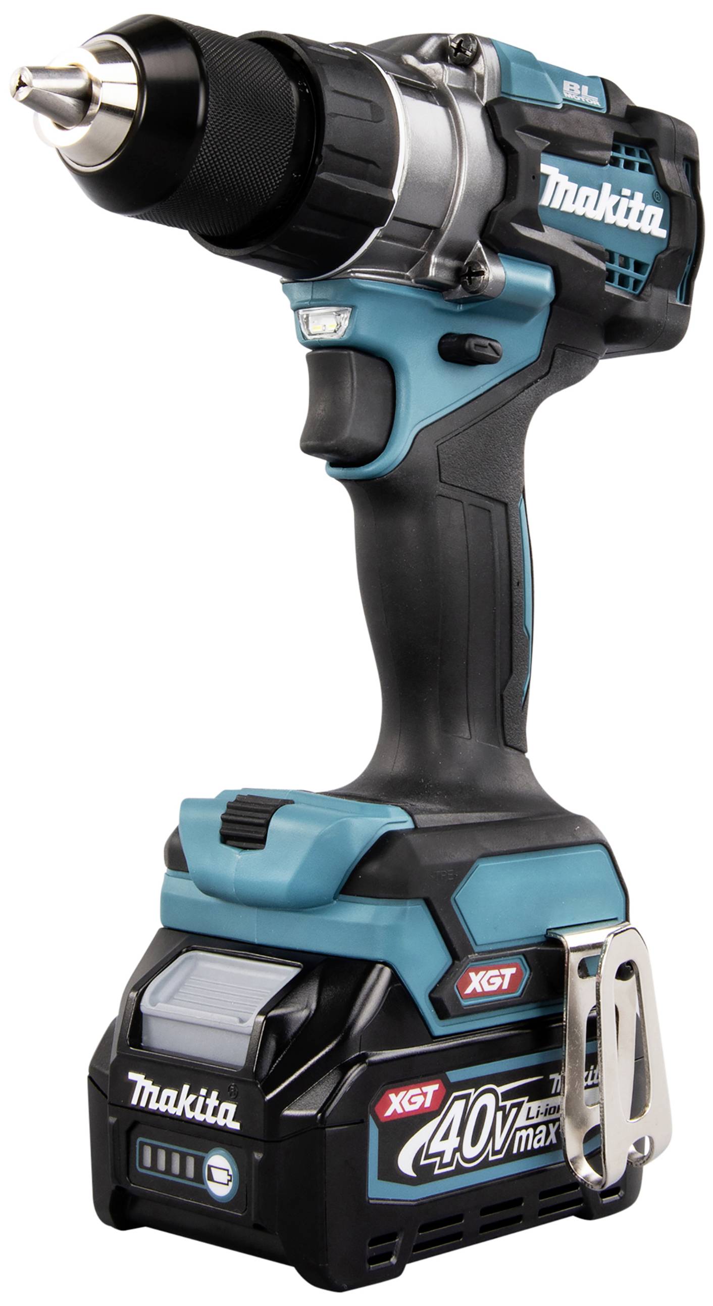 A navy-blue cordless drill with 40V Max power, marked with 'Makita XGT', suitable for heavy-duty work.