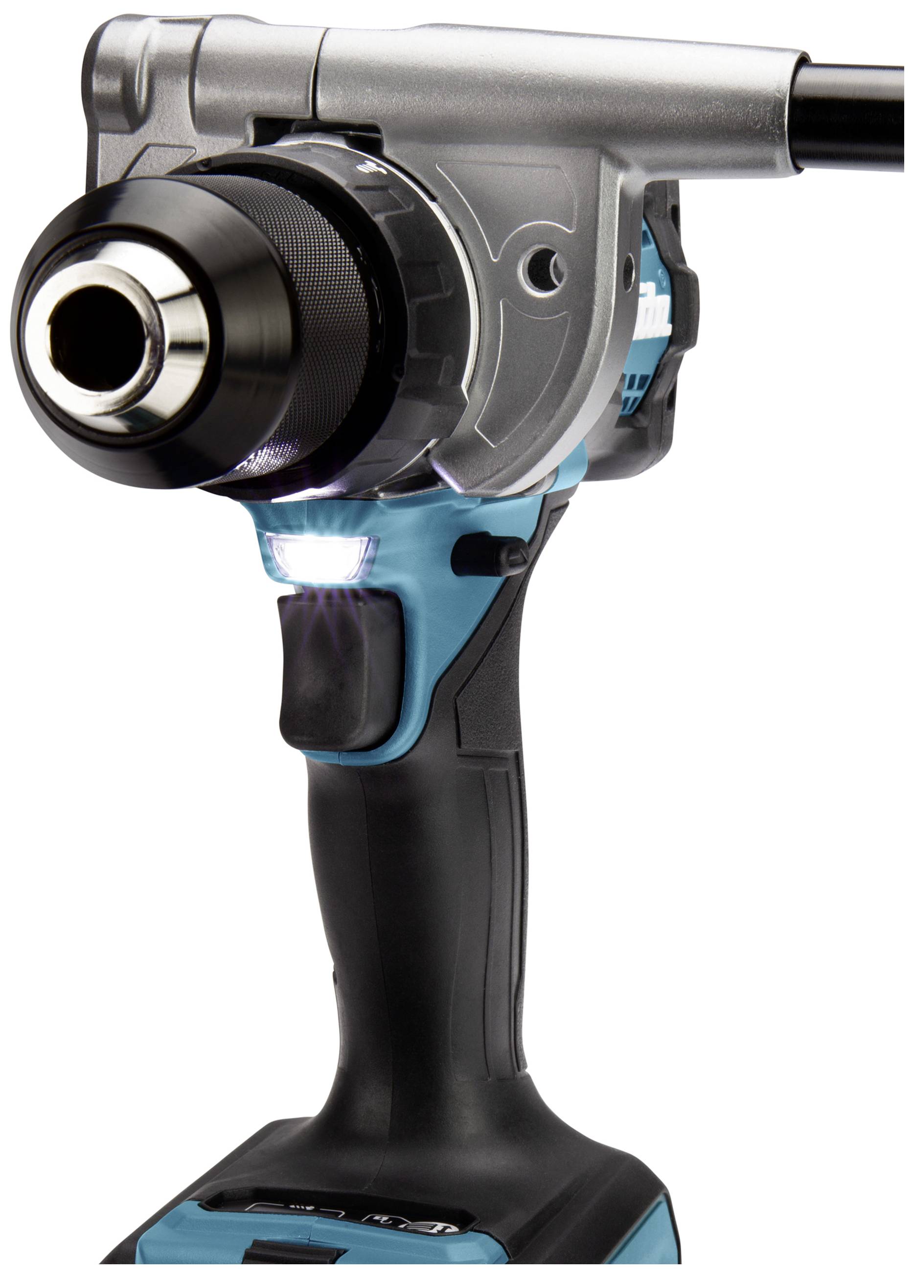 Cordless drill in close-up, silver and black details, ergonomic handle, LED light for improved visibility when drilling.