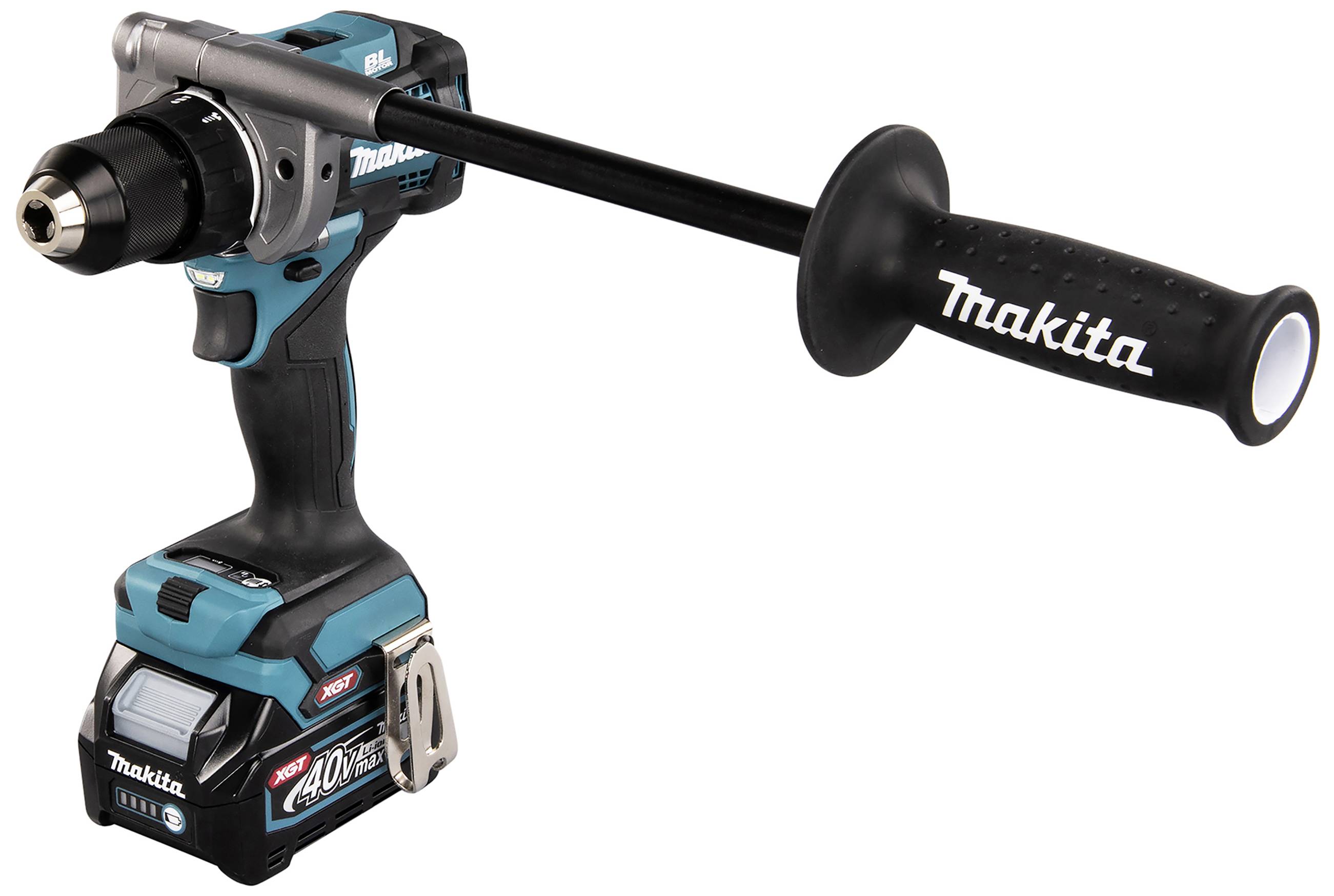 Cordless drill in blue and black with auxiliary handle; brand name on housing and handle.