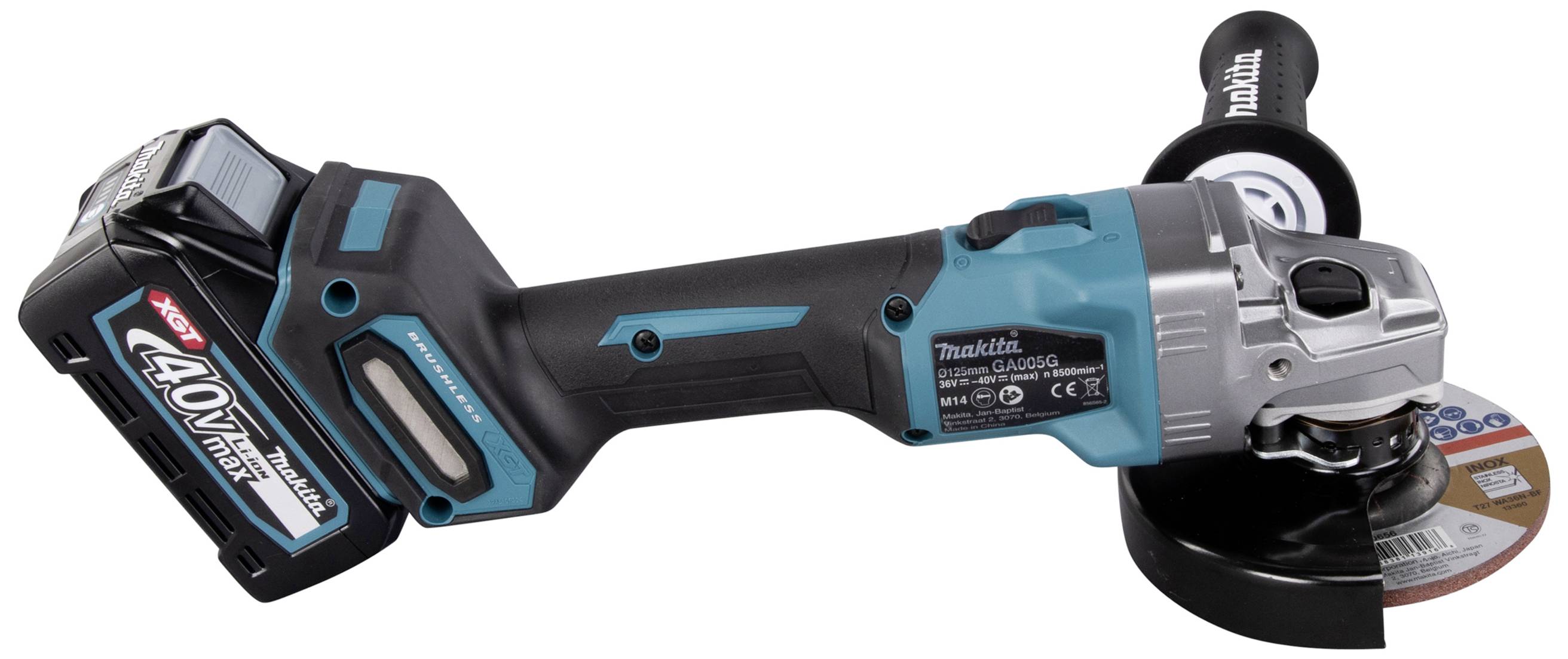 A cordless angle grinder with a 40V battery, suitable for grinding and cutting materials.