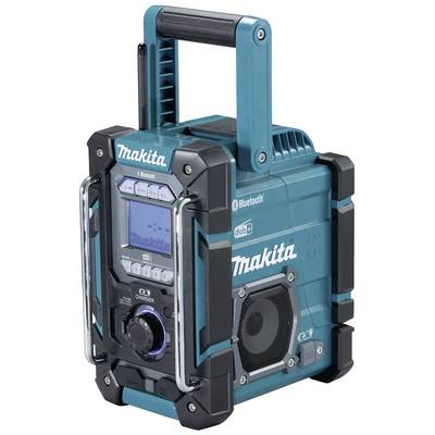 A portable Makita radio with Bluetooth, rugged design, carry handle and digital controls, ideal for construction sites.