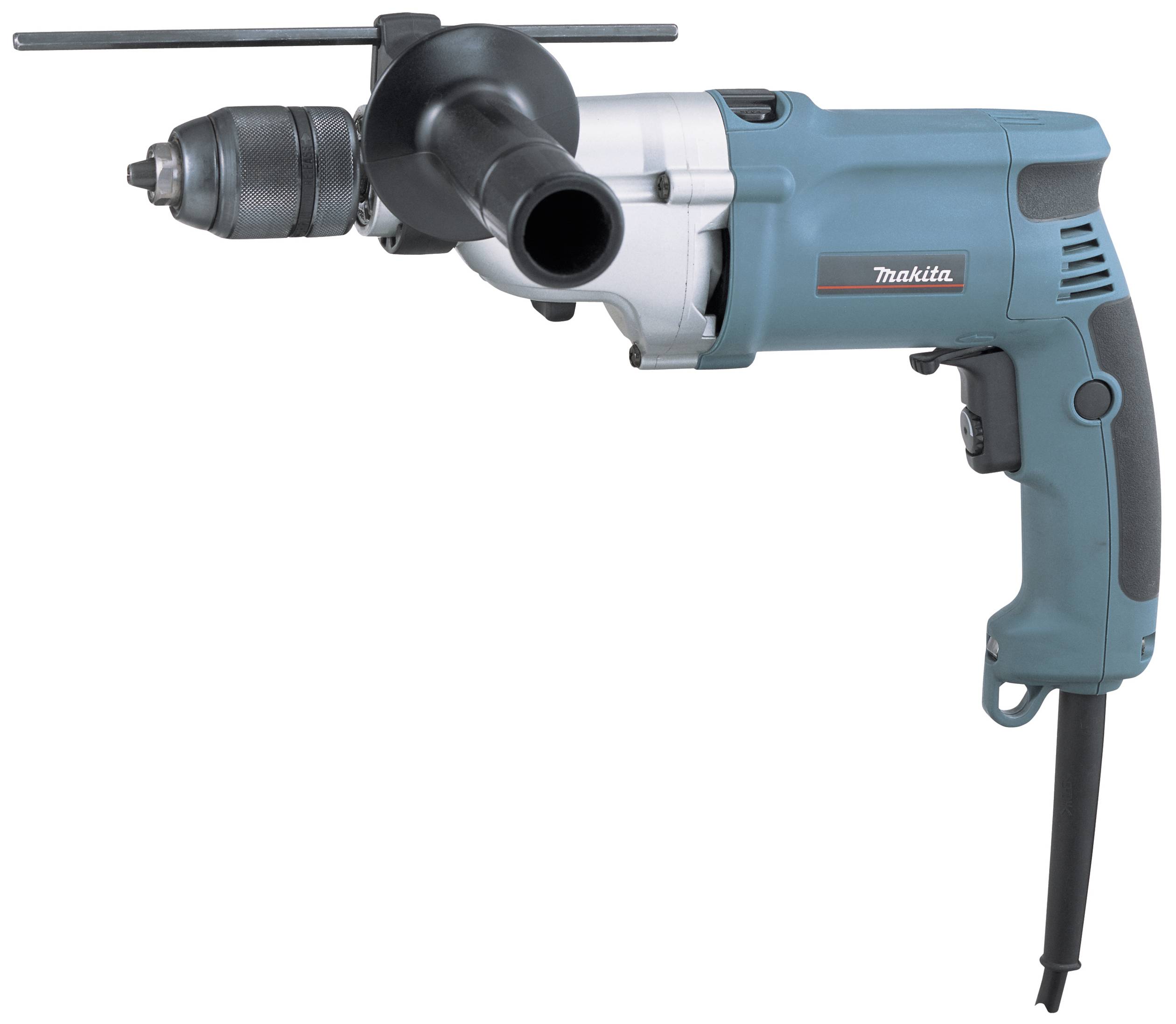 Electric drill with a blue casing, black handle and cable. Brand name visible on the side. Used for drilling work.