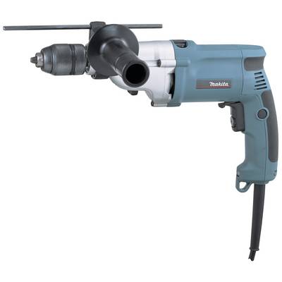 Electric drill with a blue casing, black handle and cable. Brand name visible on the side. Used for drilling work.