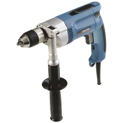 A blue and silver electric drill with a black handle. It is positioned upright and shows the drill bit pointing forwards.