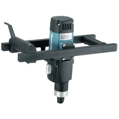 An electric concrete mixer with a robust metal frame, blue-black casing, and a side handle for stability.