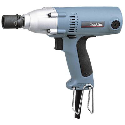A blue electric impact driver with a black handle and a silver head, depicted from the side.