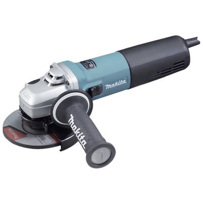 An electric angle grinder with a blue and black casing, handle, and red-black cutting disc.