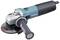 An electric angle grinder with a blue and black casing, handle, and red-black cutting disc.