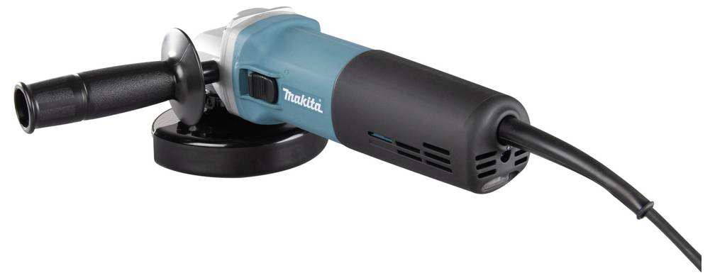 Electric angle grinder with a blue and black body, side handle, and power cord, used for cutting or polishing surfaces.