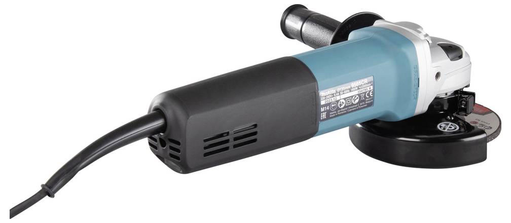 A blue and black angle grinder with a cutting disc attached, resting horizontally.