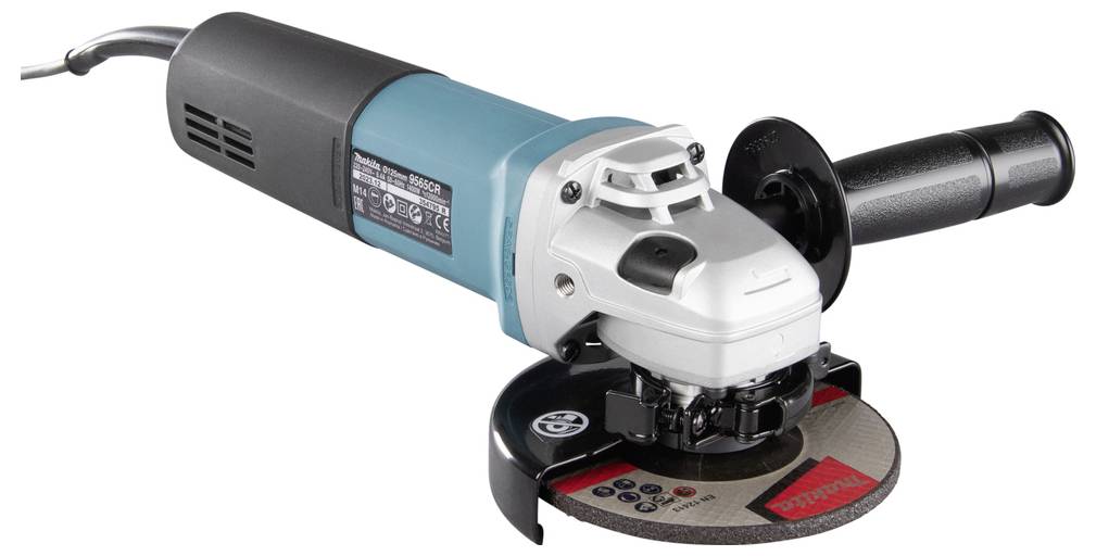 An electric angle grinder with a blue handle and black side grip, featuring a circular cutting disc, used for cutting or grinding materials.