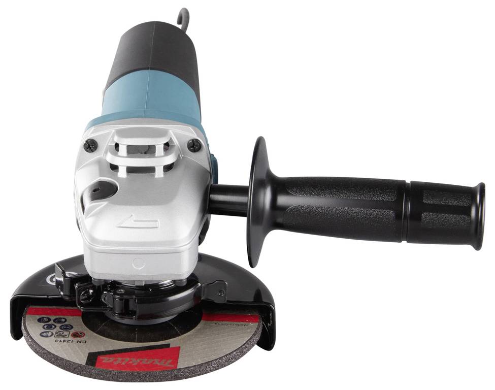 A handheld electric angle grinder with a side handle and a visible rotating disc, used for cutting, grinding, and polishing materials.