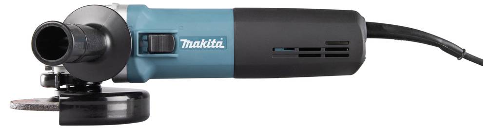 An electric angle grinder with a blue and black body, showing a cutting disc and labeled with the brand logo.