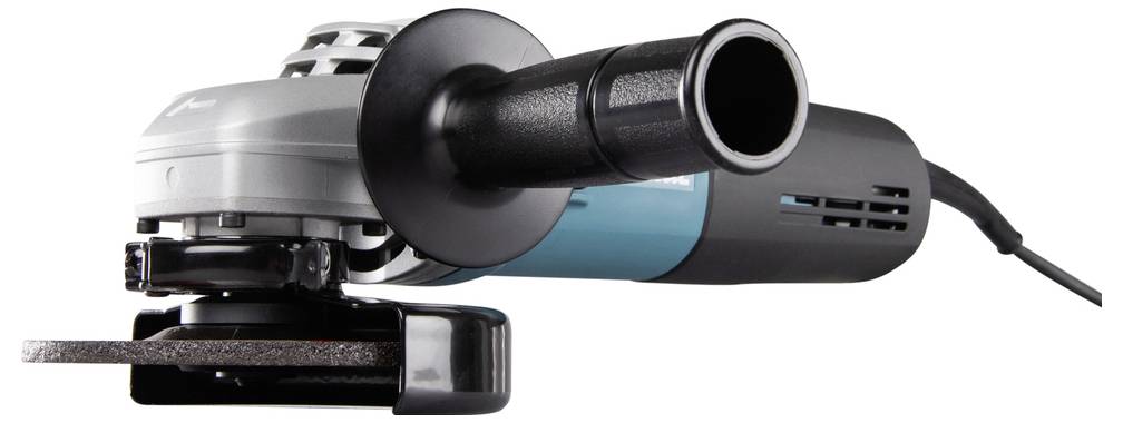 An electric angle grinder with a black handle and a circular disc, used for grinding or cutting metal and other materials.