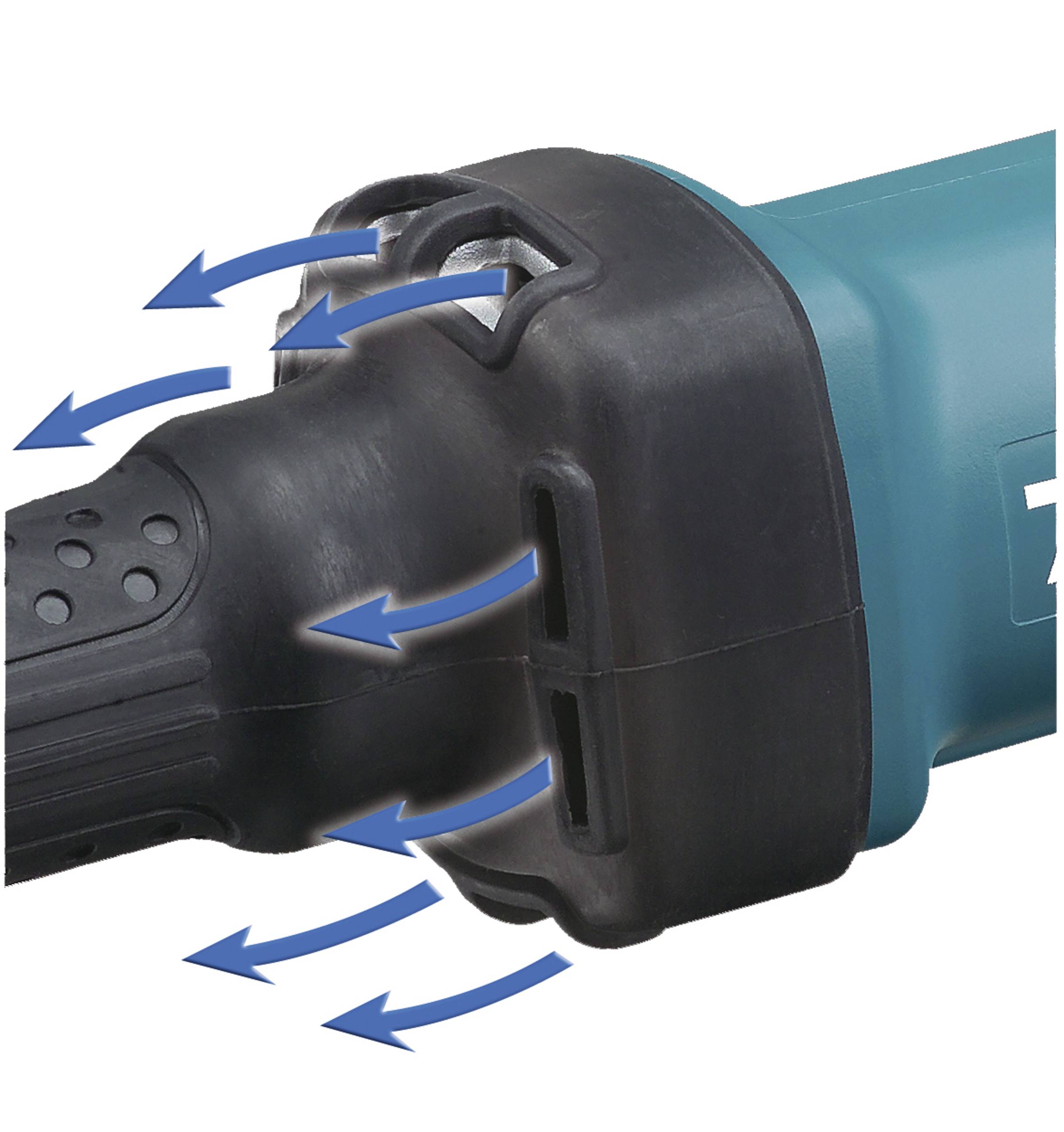 An electrical power tool handle with blue arrows depicting the airflow around the ventilation system.
