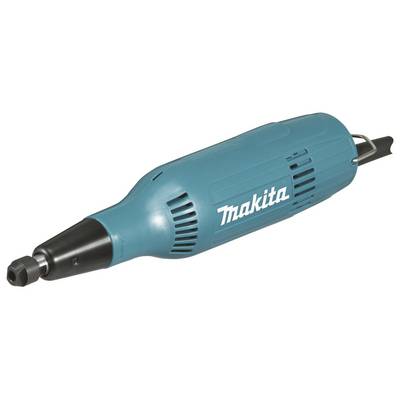 A blue Makita electric sander, cylindrical in shape with a black clamping system at the front, is lying horizontally.