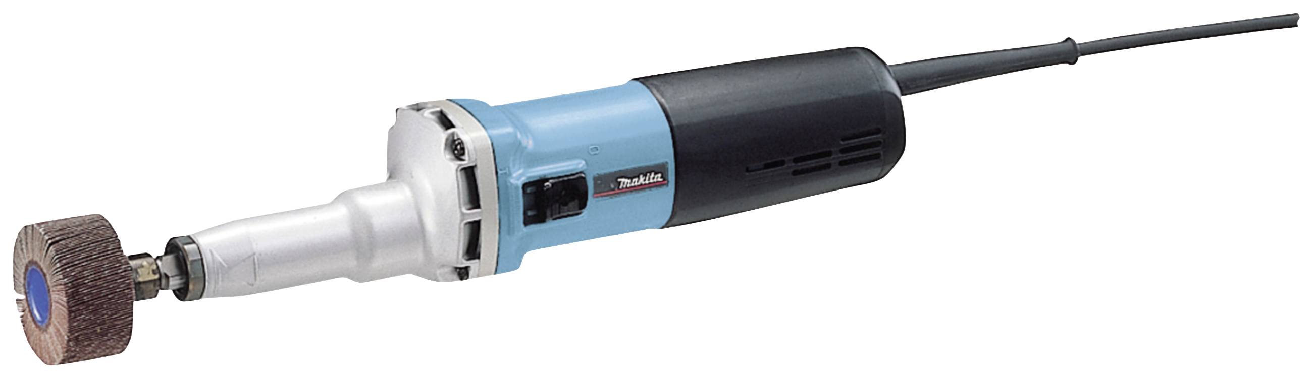 A blue electric angle grinder with a black handle and a grinding disc.