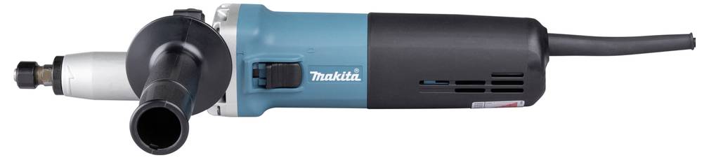 A blue and black handheld angle grinder with a power cord, brand logo visible on the side.