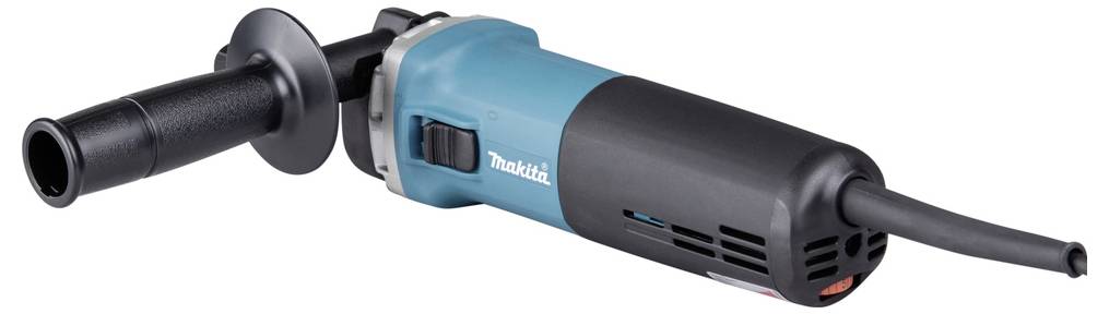 A blue and black electric angle grinder with a side handle and visible power cord, designed for cutting, grinding, or polishing tasks.