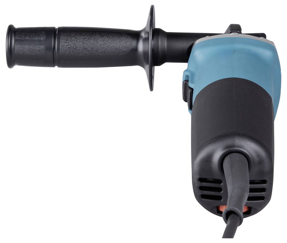 A handheld power tool with a blue and black body and two handles, one on the side for support. The tool is connected to a power cord.