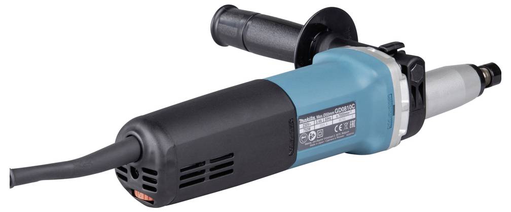 A blue and black electric angle grinder lying flat, featuring a handle for grip and a power cord extending from its base.