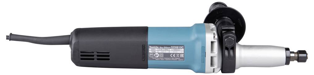 A blue and black power tool with a metal head, commonly used for grinding or polishing. It features an adjustable handle for control.