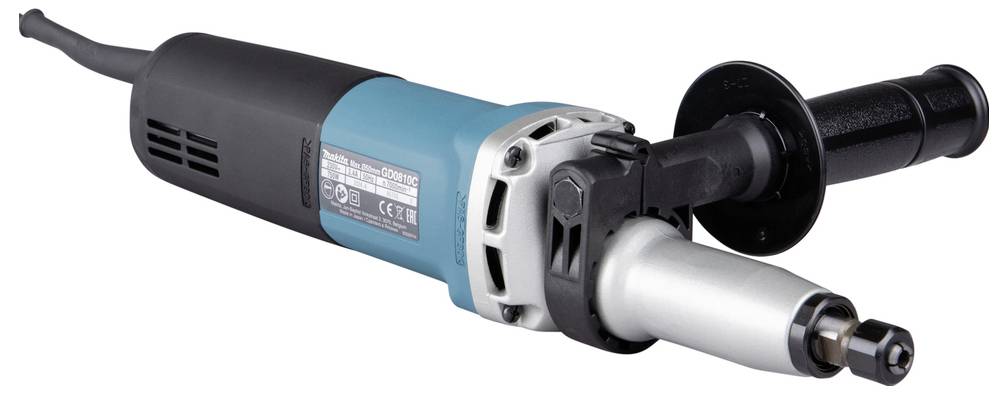 A close-up of a power tool with a black handle and blue body, designed for grinding or polishing, resting on a white surface.