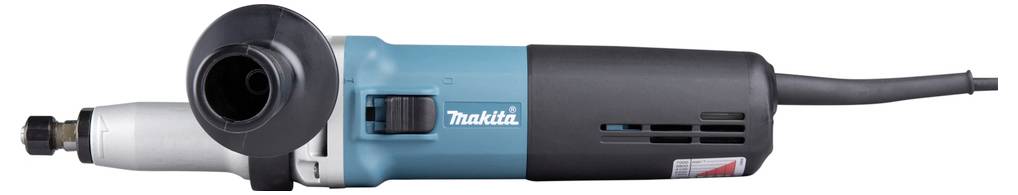 An electric angle grinder with a blue and black body, showing its side profile. It has a long handle and a visible spindle for attaching discs.